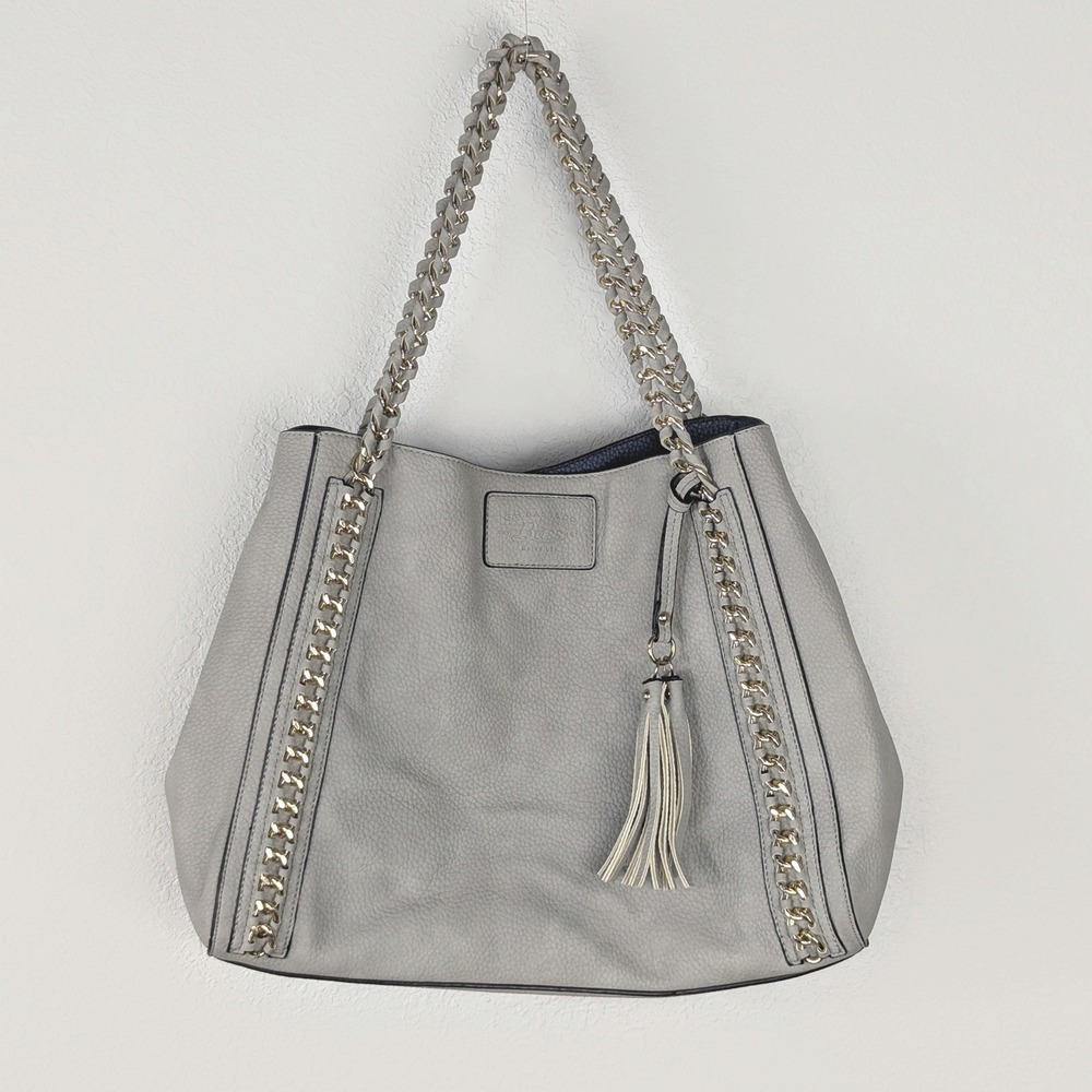 GH Bass & Co Grey Pebbled Faux Leather Tote Bag Gold Chain Tassel Shoulder Bag